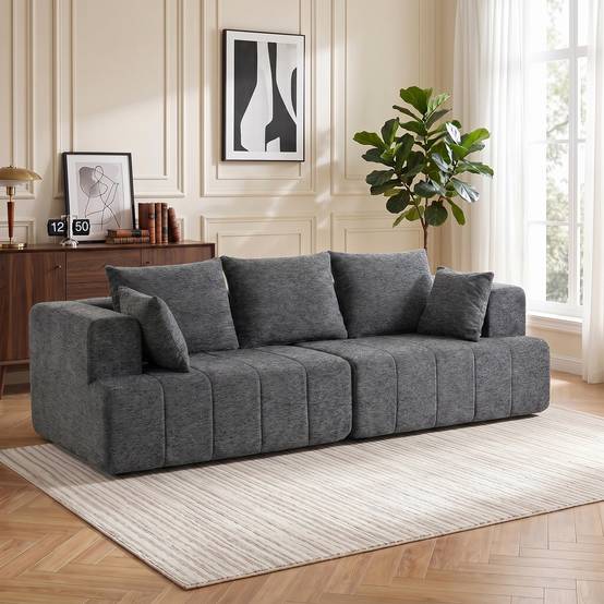 Canapé 3 places en chenille 248 cm, canapé salon moderne, large assise rembourrée, coussins à ressorts, gris - Image 3