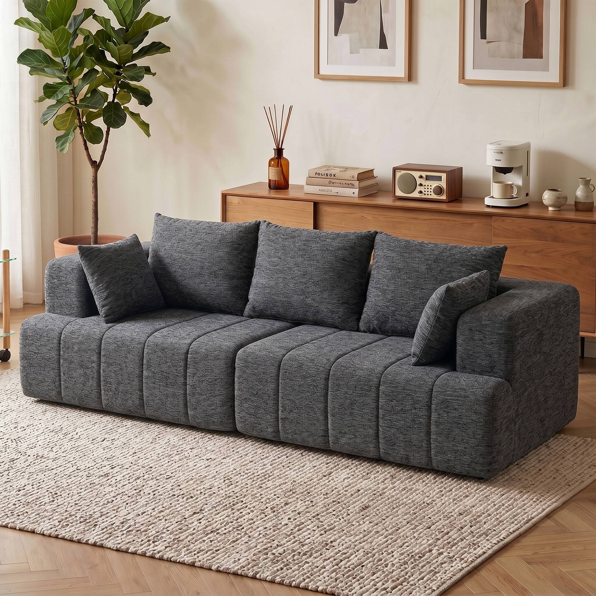 Canapé 3 places en chenille 248 cm, canapé salon moderne, large assise rembourrée, coussins à ressorts, gris - Image 4