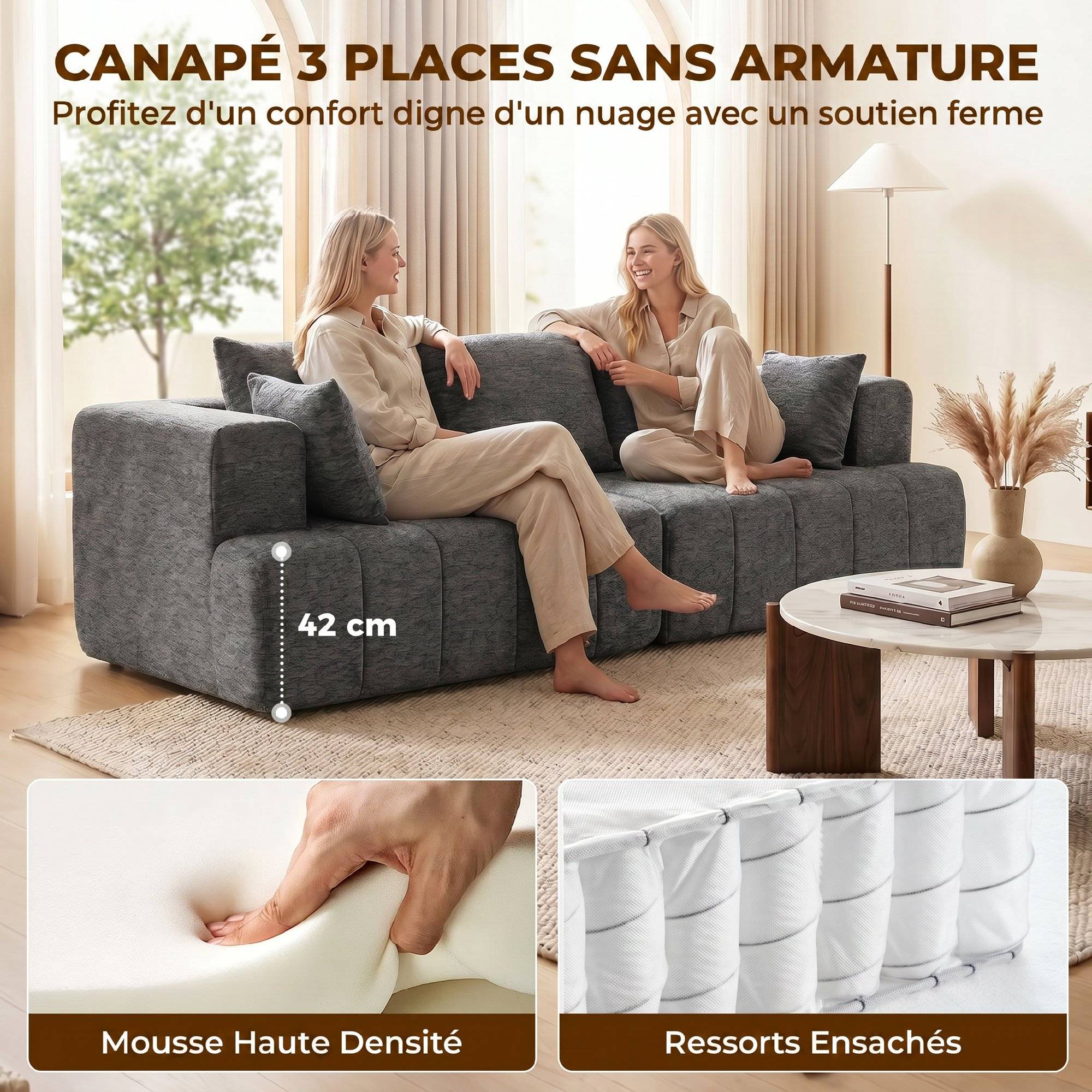 Canapé 3 places en chenille 248 cm, canapé salon moderne, large assise rembourrée, coussins à ressorts, gris - Image 6