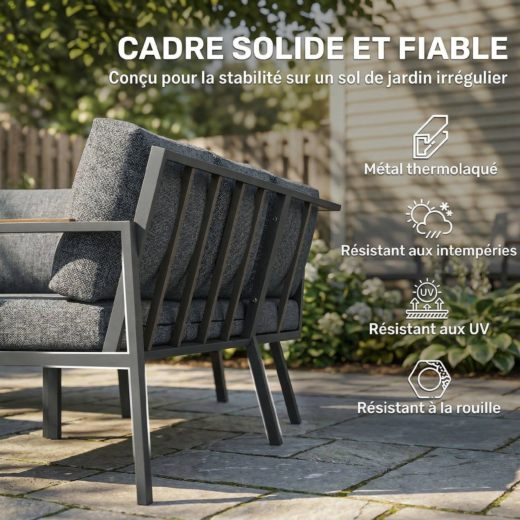 Salon de Jardin Extérieur 3 Pièces 5 Personnes, 2 Canapés avec Coussins Épais, 1 Table Basse, 183x183x72cm, Gris Foncé - Image 9