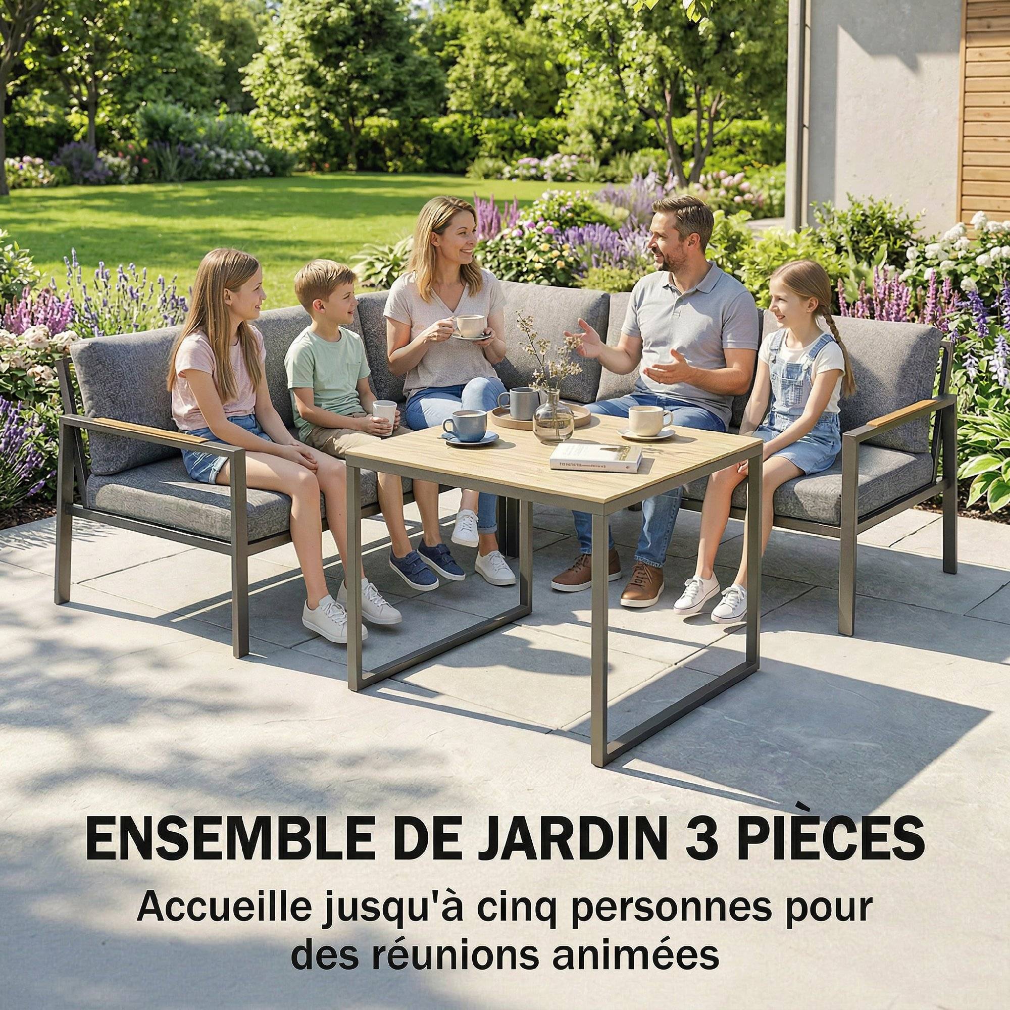 Salon de Jardin Extérieur 3 Pièces 5 Personnes, 2 Canapés avec Coussins Épais, 1 Table Basse, 183x183x72cm, Gris Foncé - Image 6