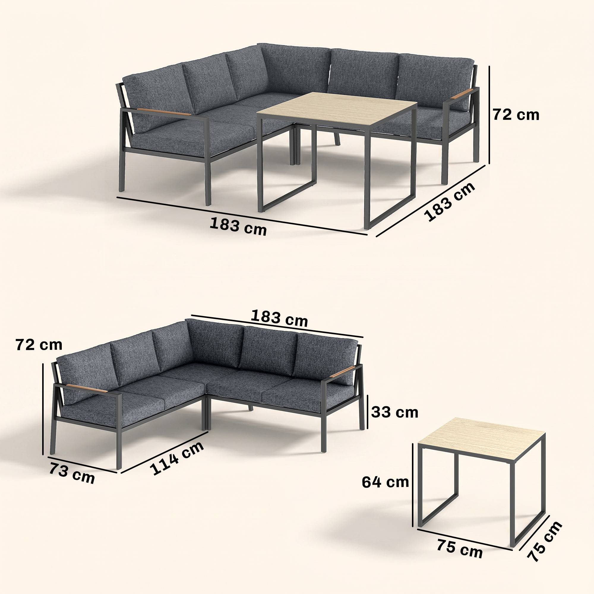 Salon de Jardin Extérieur 3 Pièces 5 Personnes, 2 Canapés avec Coussins Épais, 1 Table Basse, 183x183x72cm, Gris Foncé - Image 5