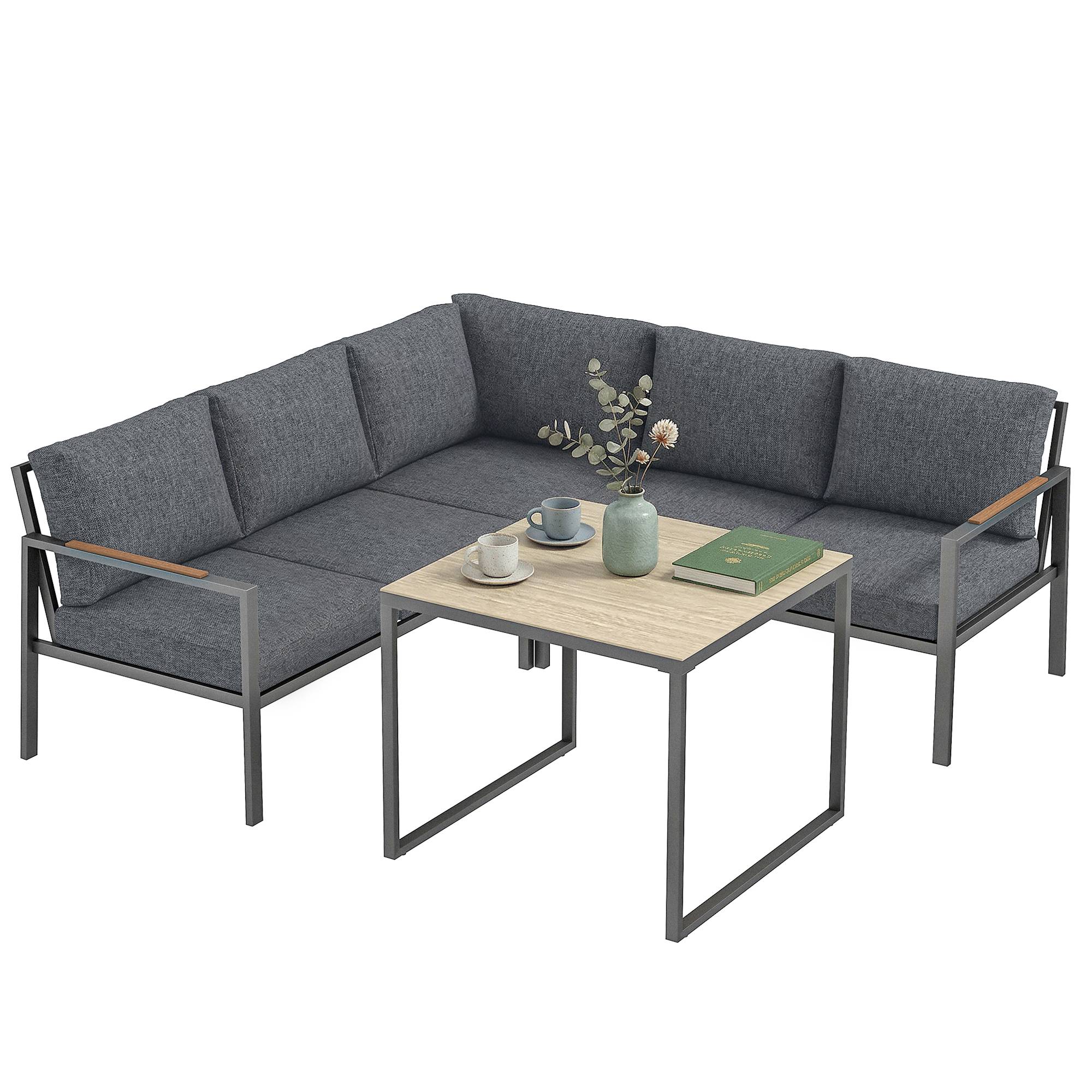 Salon de Jardin Extérieur 3 Pièces 5 Personnes, 2 Canapés avec Coussins Épais, 1 Table Basse, 183x183x72cm, Gris Foncé - Image 1