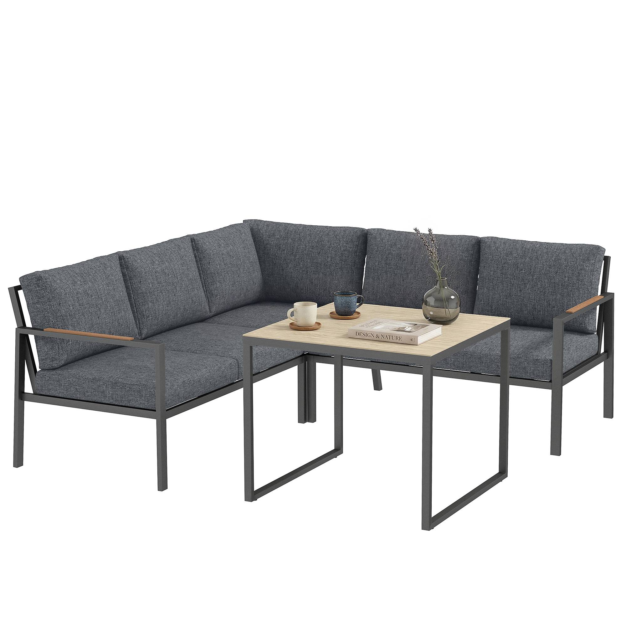 Salon de Jardin Extérieur 3 Pièces 5 Personnes, 2 Canapés avec Coussins Épais, 1 Table Basse, 183x183x72cm, Gris Foncé - Image 2