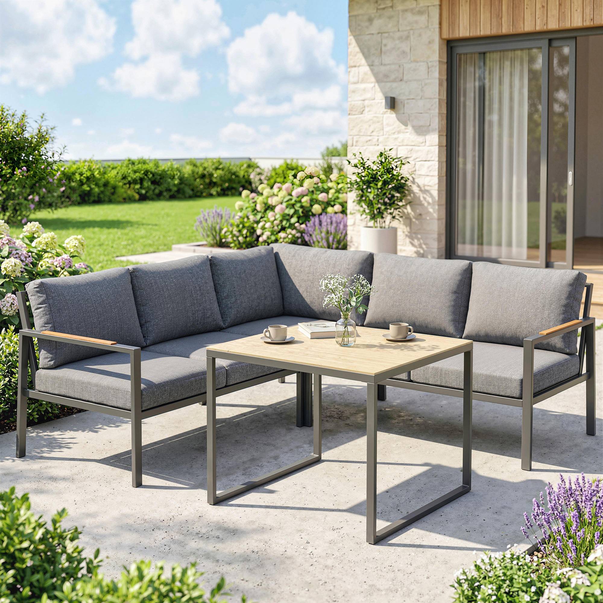 Salon de Jardin Extérieur 3 Pièces 5 Personnes, 2 Canapés avec Coussins Épais, 1 Table Basse, 183x183x72cm, Gris Foncé - Image 4
