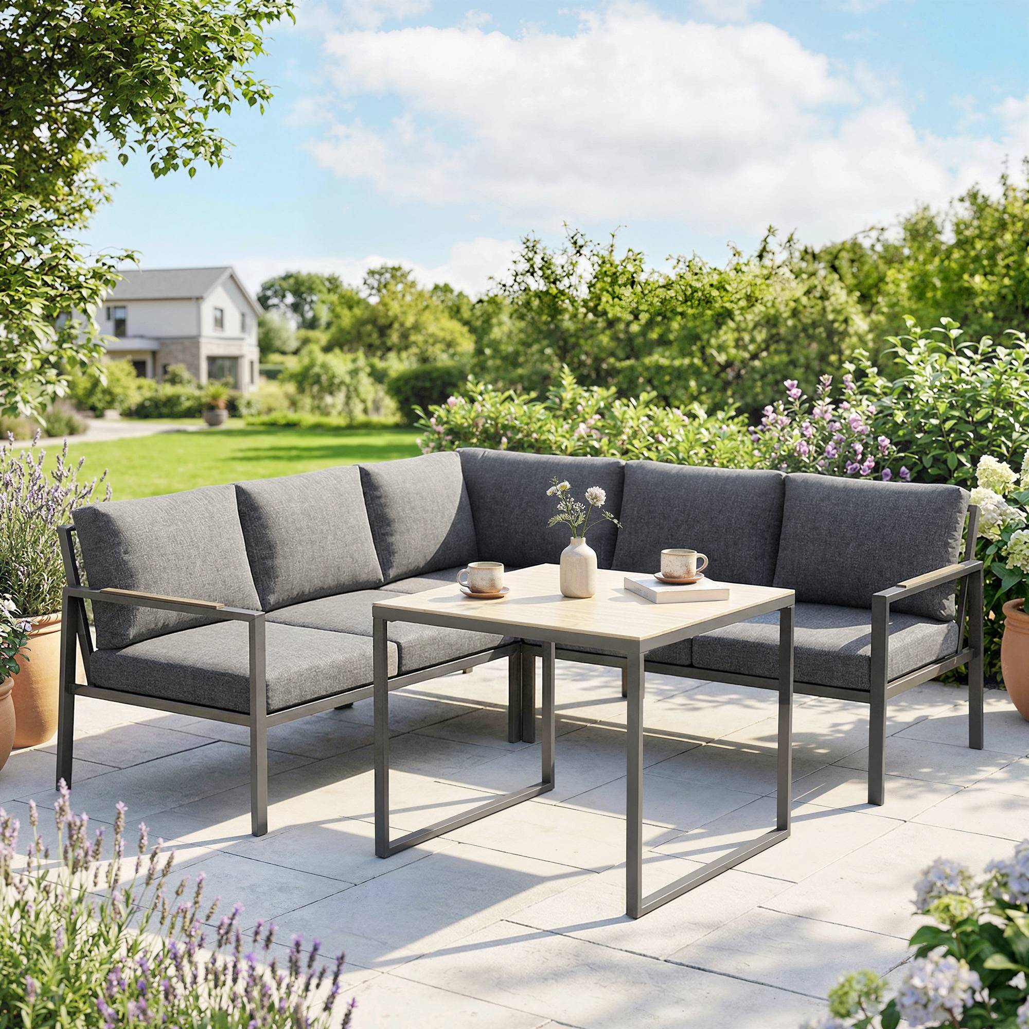 Salon de Jardin Extérieur 3 Pièces 5 Personnes, 2 Canapés avec Coussins Épais, 1 Table Basse, 183x183x72cm, Gris Foncé - Image 3