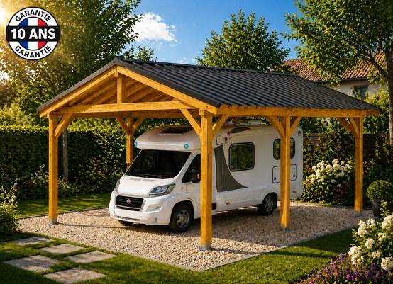 Cpbf Charpentes - Carport bois 2 pentes 450cmx700cm bois DOUGLAS Français label PEFC (Charpente - Auvent - Abri Camping-car) 32 m². Garantie 10 ans - Image 1