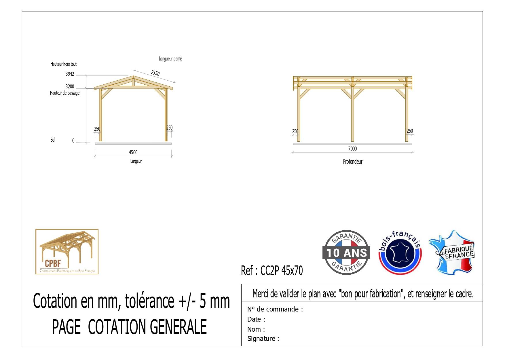 Cpbf Charpentes - Carport bois 2 pentes 450cmx700cm bois DOUGLAS Français label PEFC (Charpente - Auvent - Abri Camping-car) 32 m². Garantie 10 ans - Image 3