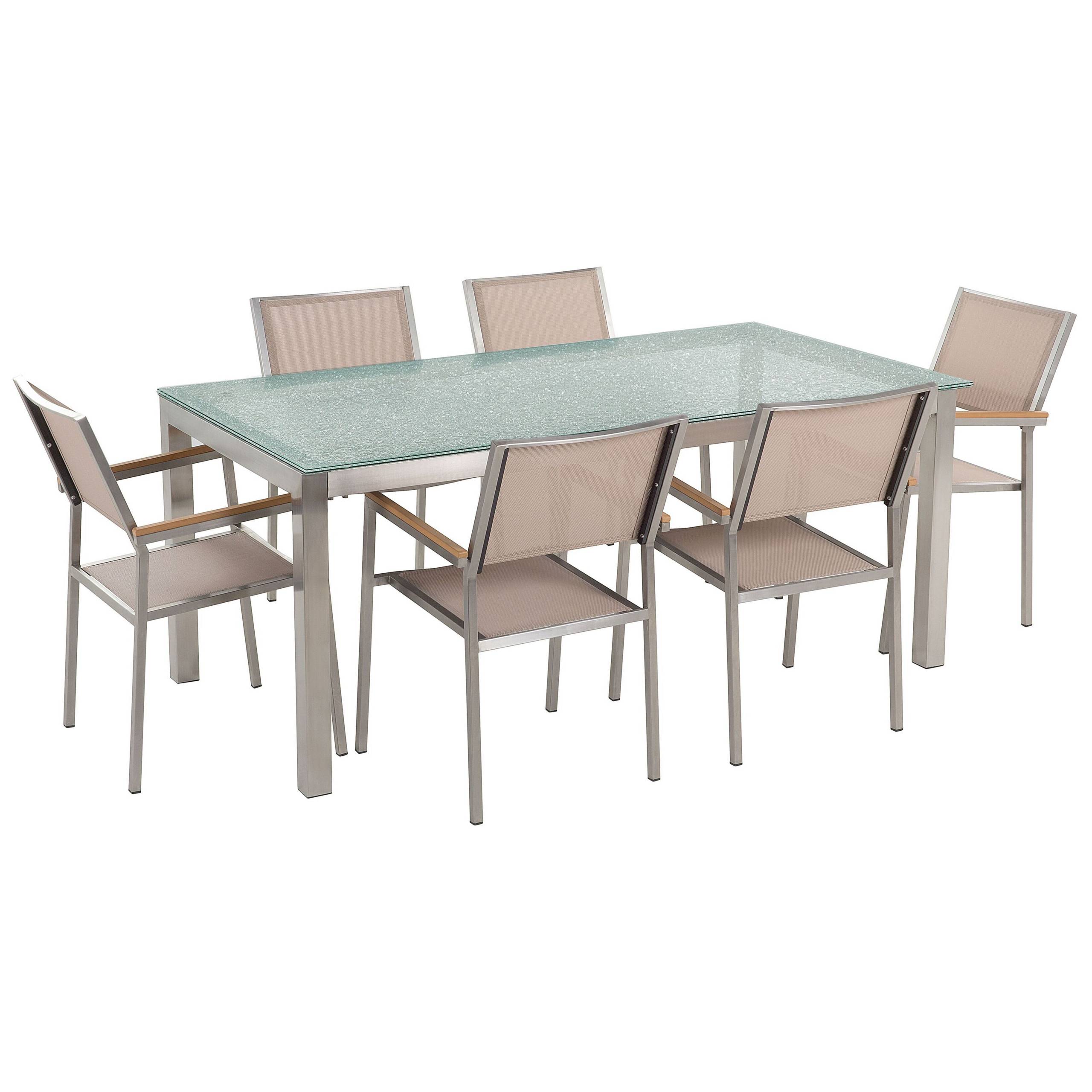Beliani - Salon de Jardin composé d'une Table 180 x 90 cm et de 6 Chaises en Acier Inox, Textile Beige et Verre Effet Brisé au Design Moderne - Image 1