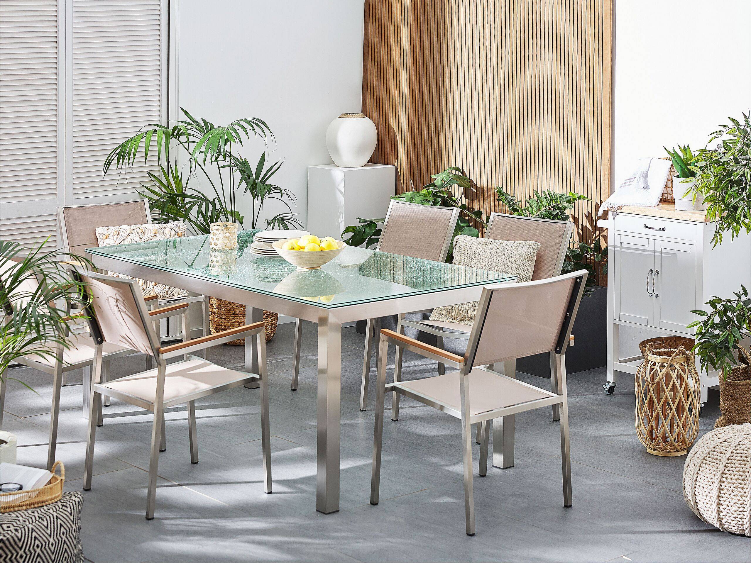 Beliani - Salon de Jardin composé d'une Table 180 x 90 cm et de 6 Chaises en Acier Inox, Textile Beige et Verre Effet Brisé au Design Moderne - Image 2
