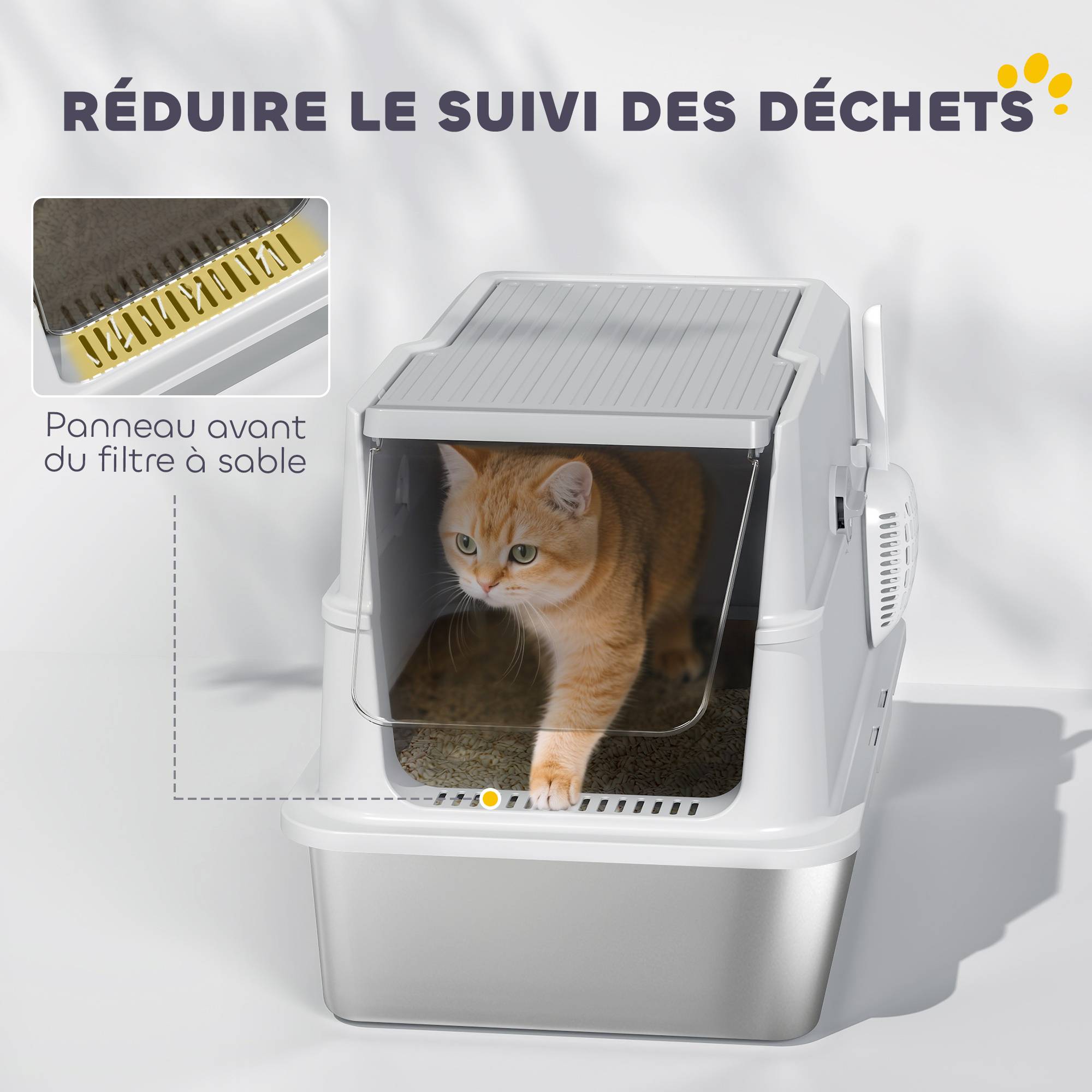 Bac à litière fermé XL en acier inoxydable, maison de toilette pour grand chat, 60,2 x 40,2 x 43,3 cm, gris clair - Image 10