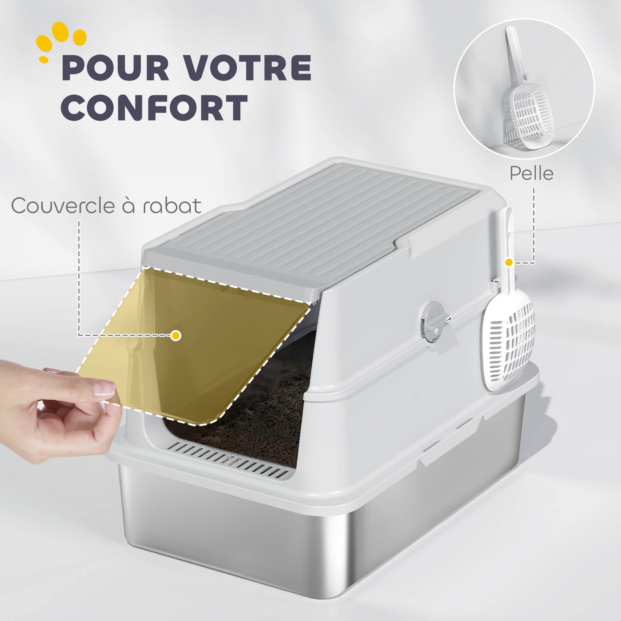 Bac à litière fermé XL en acier inoxydable, maison de toilette pour grand chat, 60,2 x 40,2 x 43,3 cm, gris clair - Image 9