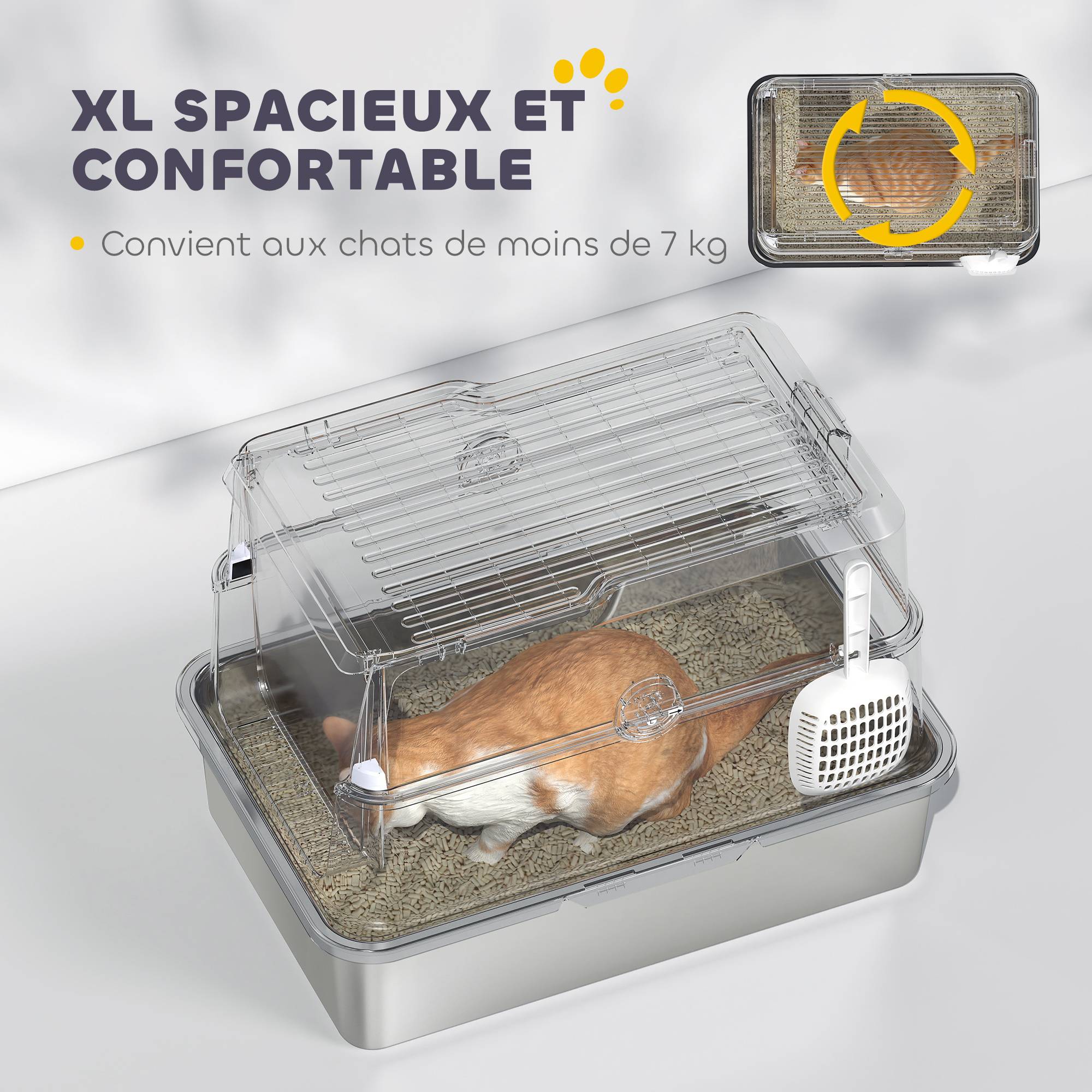 Bac à litière fermé XL en acier inoxydable, maison de toilette pour grand chat, 60,2 x 40,2 x 43,3 cm, gris clair - Image 7