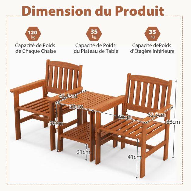 Ensemble de meubles de patio 2 places en bois salon de jardin avec 2 chaises table basse et trou pour parasol - Image 3