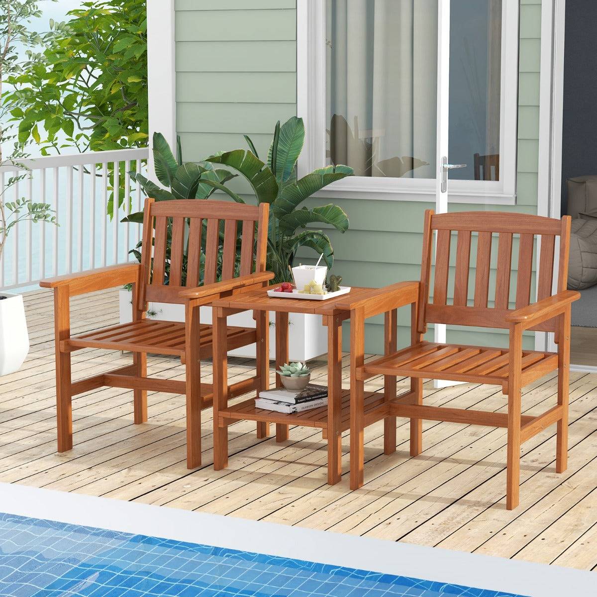 Ensemble de meubles de patio 2 places en bois salon de jardin avec 2 chaises table basse et trou pour parasol - Image 2