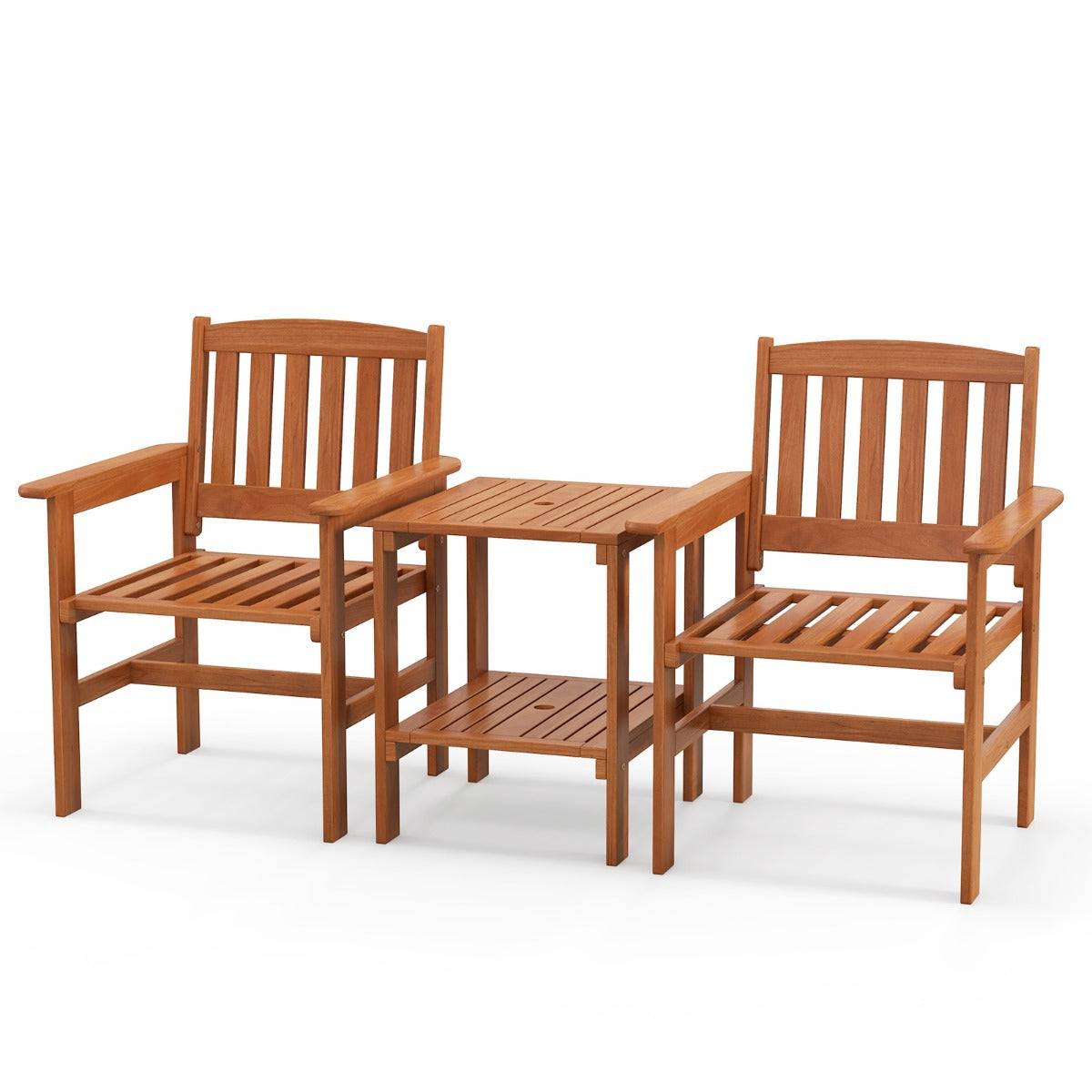Ensemble de meubles de patio 2 places en bois salon de jardin avec 2 chaises table basse et trou pour parasol - Image 1
