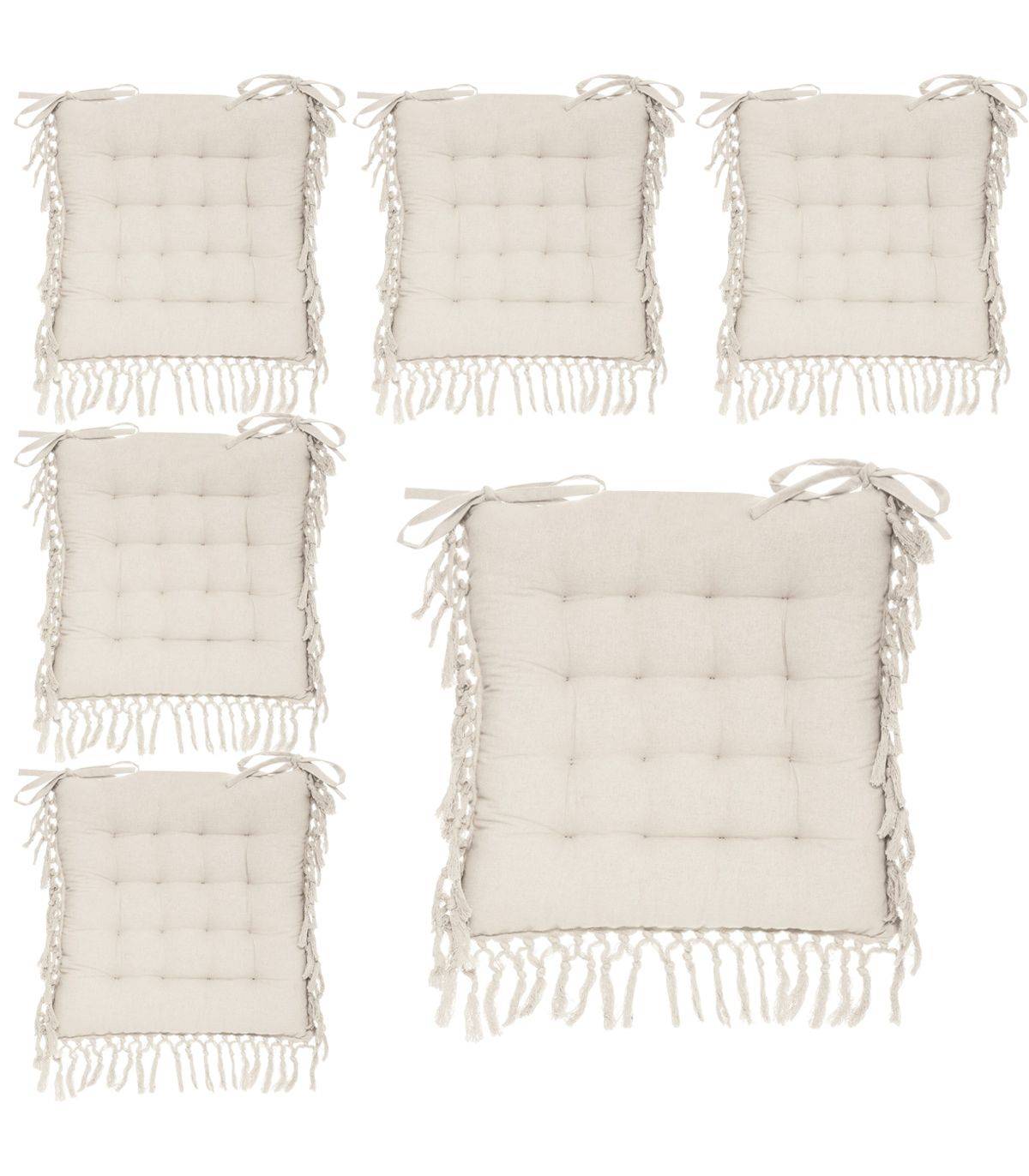 Lot de 6 Galettes de chaise en Coton Ivoire avec franges macramé 40 x 40 cm - Image 1