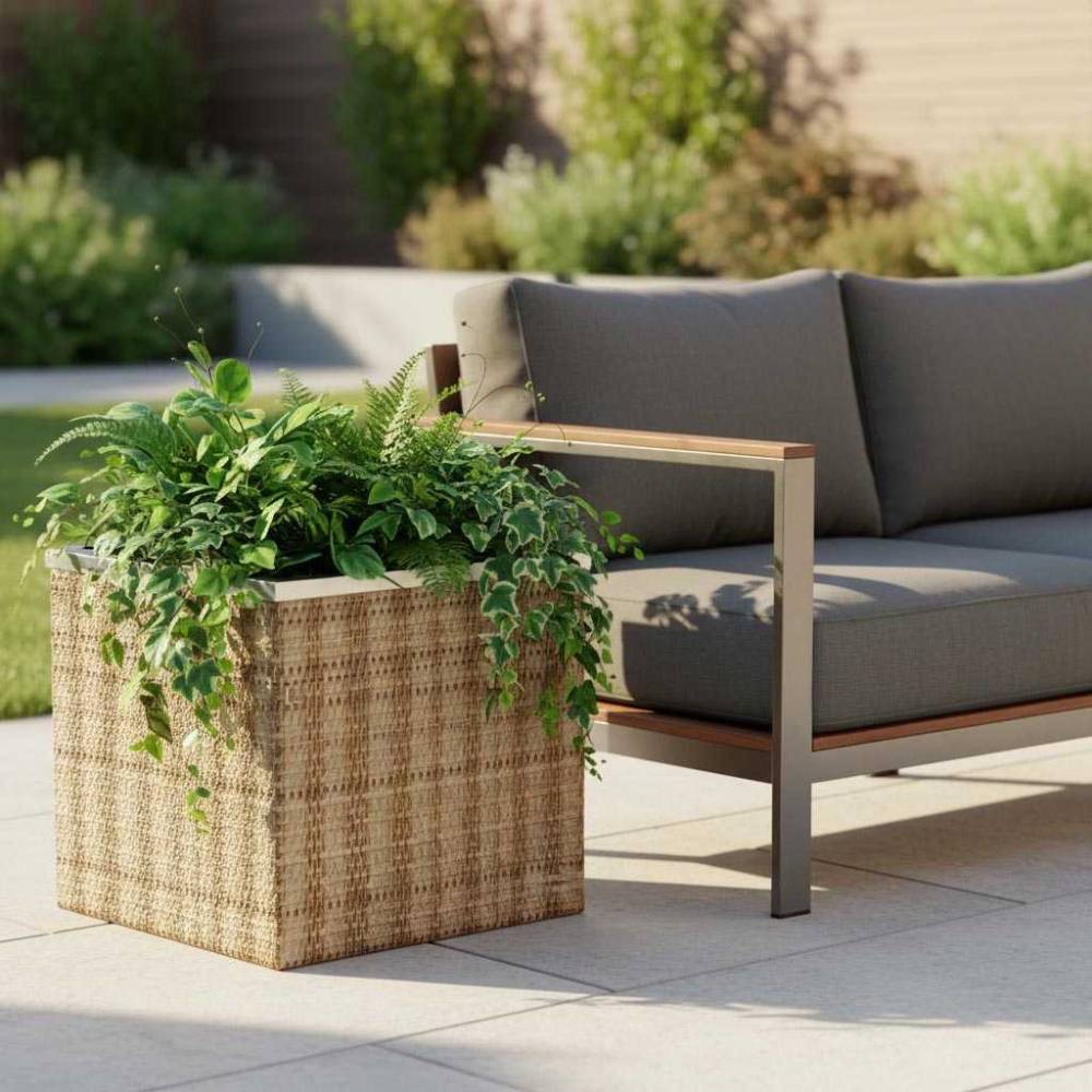 Rattan Art - Jardinière en résine tressée avec réserve d'eau et cadre en aluminium 50 x 50 x 43 cm - Image 2