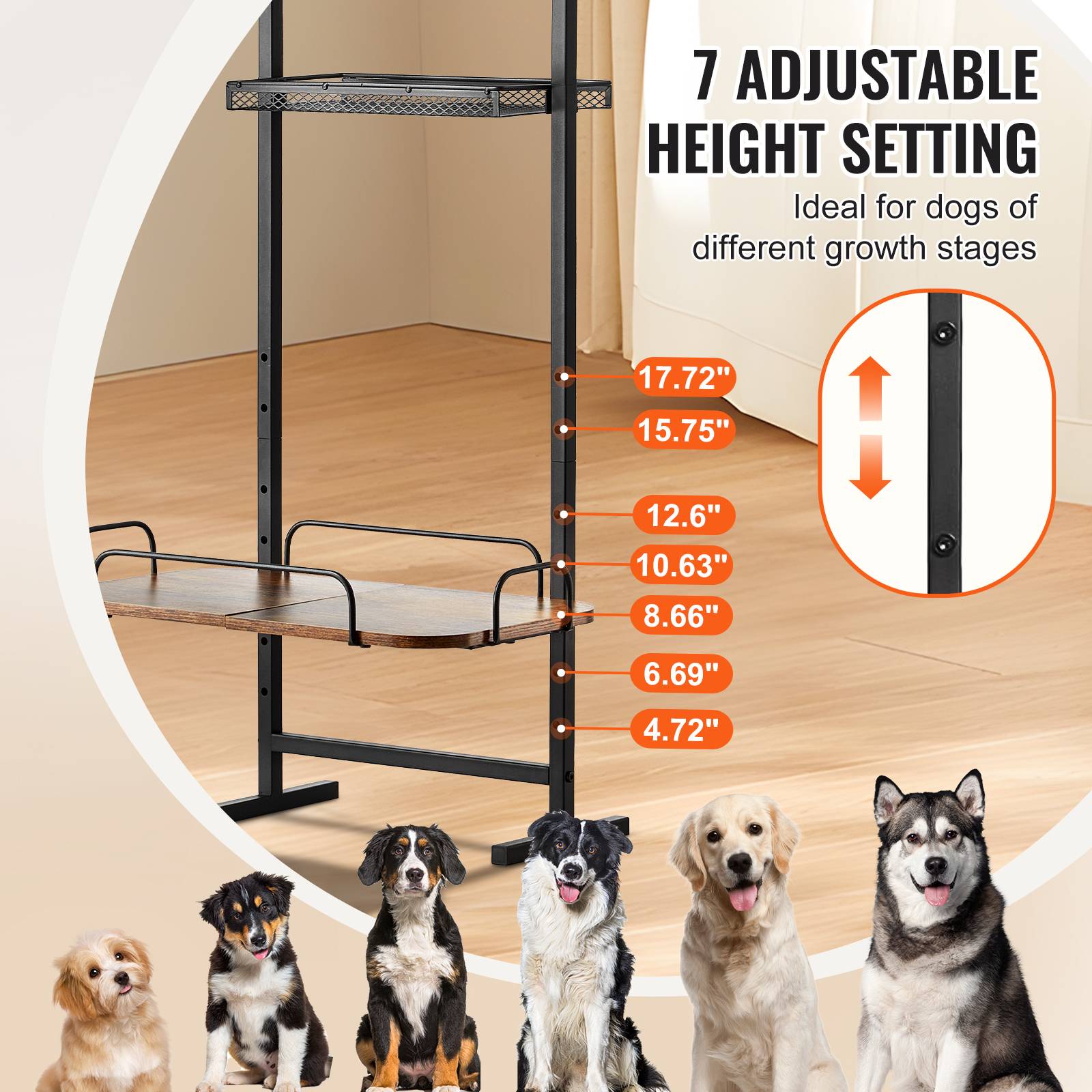 VEVOR Support gamelle surélevée réglable 50x19.8x145 cm, étagère rangement jouets, nourriture chiens. - Image 3