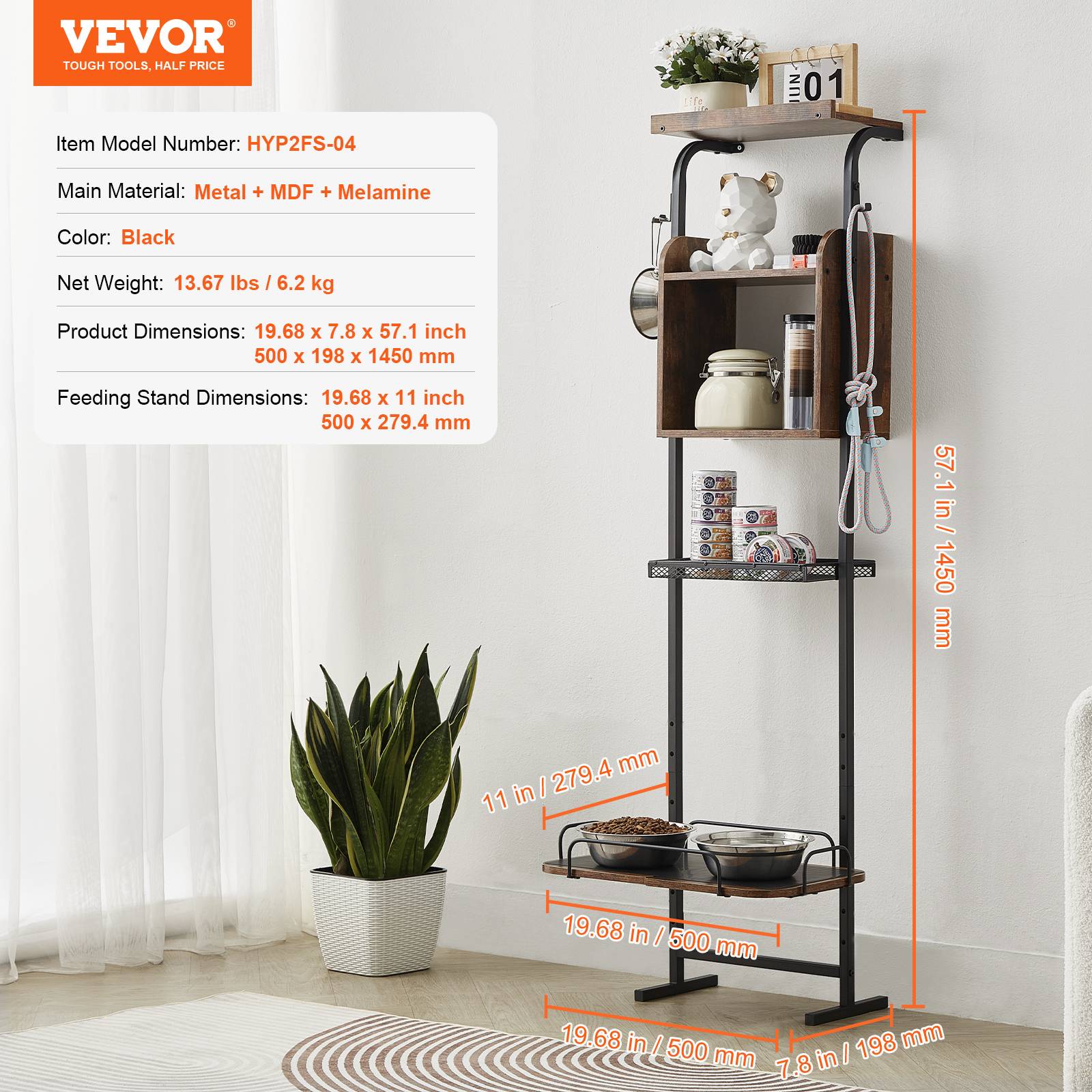 VEVOR Support gamelle surélevée réglable 50x19.8x145 cm, étagère rangement jouets, nourriture chiens. - Image 7