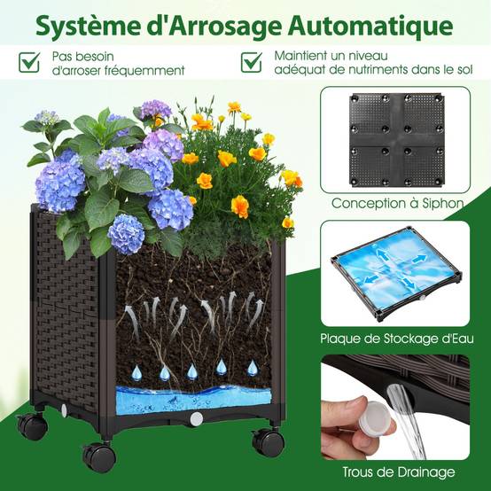 208 x 250cm Treillis d'Arche de Jardin avec 2 Jardinières Auto-irriguantes Roues Pergola en Métal Revêtu de PE Antirouille Noir MAISON CHIC - Image 8
