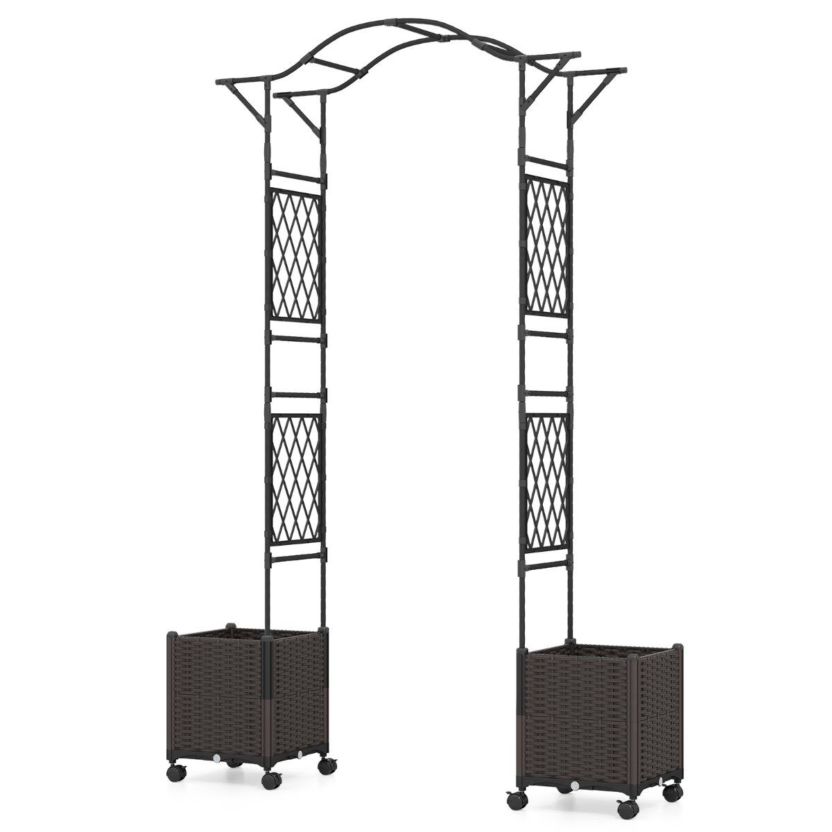 208 x 250cm Treillis d'Arche de Jardin avec 2 Jardinières Auto-irriguantes Roues Pergola en Métal Revêtu de PE Antirouille Noir MAISON CHIC - Image 6