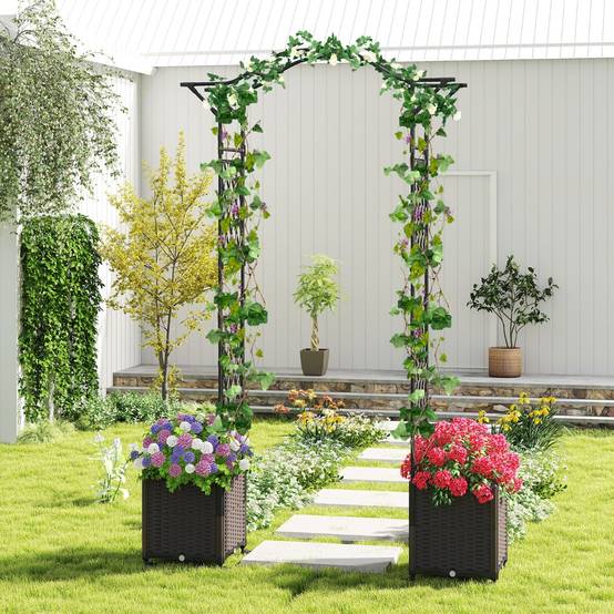 208 x 250cm Treillis d'Arche de Jardin avec 2 Jardinières Auto-irriguantes Roues Pergola en Métal Revêtu de PE Antirouille Noir MAISON CHIC - Image 5