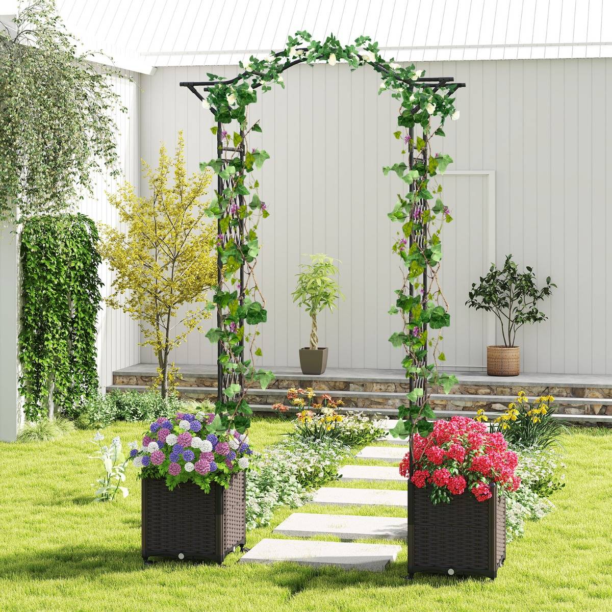 208 x 250cm Treillis d'Arche de Jardin avec 2 Jardinières Auto-irriguantes Roues Pergola en Métal Revêtu de PE Antirouille Noir MAISON CHIC - Image 5