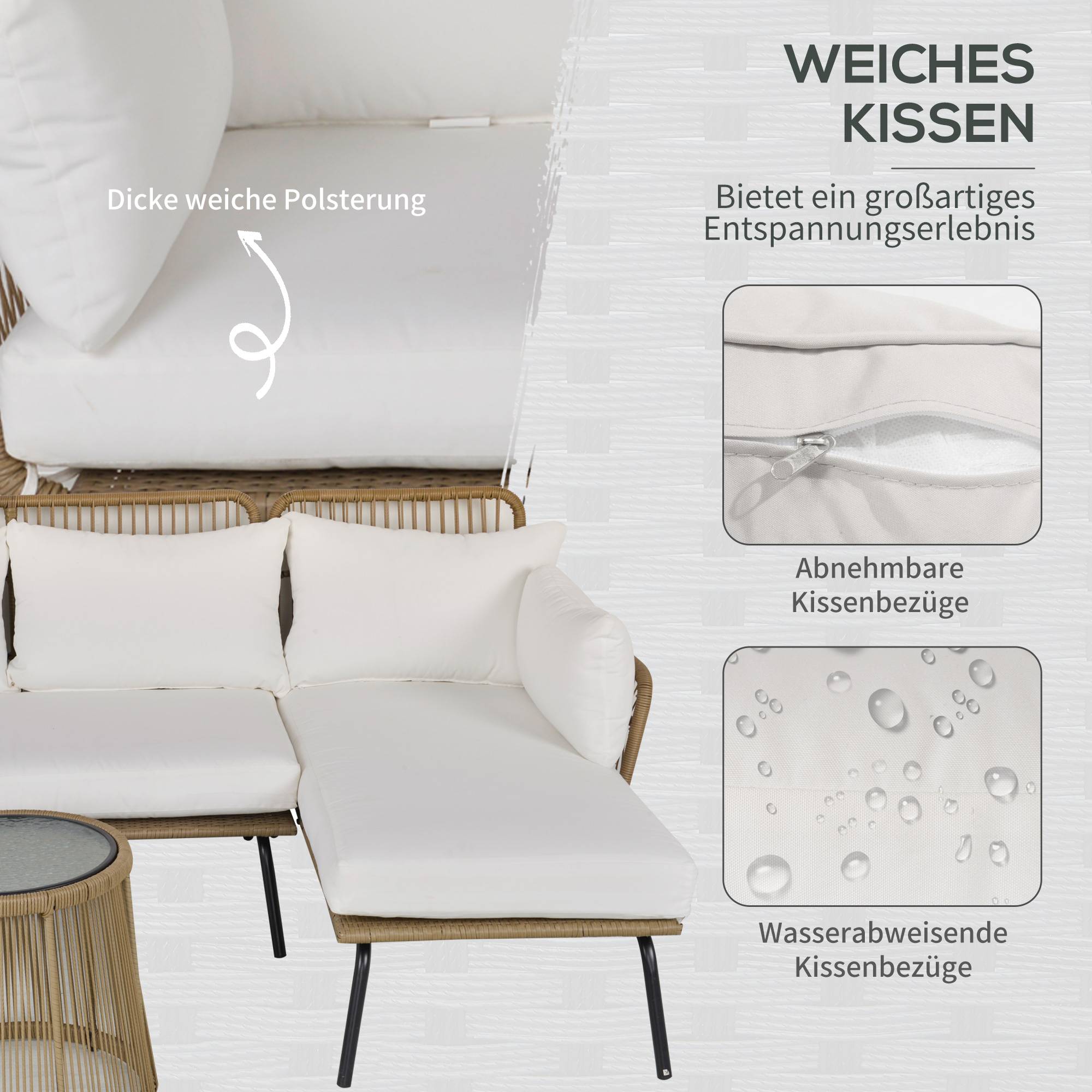 ComfortXL - Salon de jardin 3 pièces en résine tressée café crème canapé d’angle méridienne table pour terrasse extérieure - Image 5