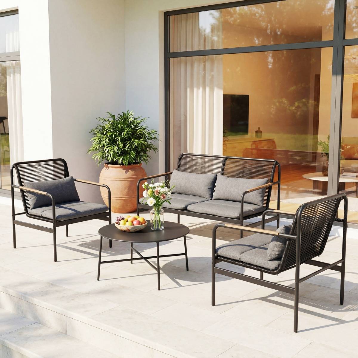 Salon de Jardin 4 Pièces Loveseat & 2 Fauteuils avec Table Basse Coussins Rotin PE Gris MAISON CHIC - Image 5