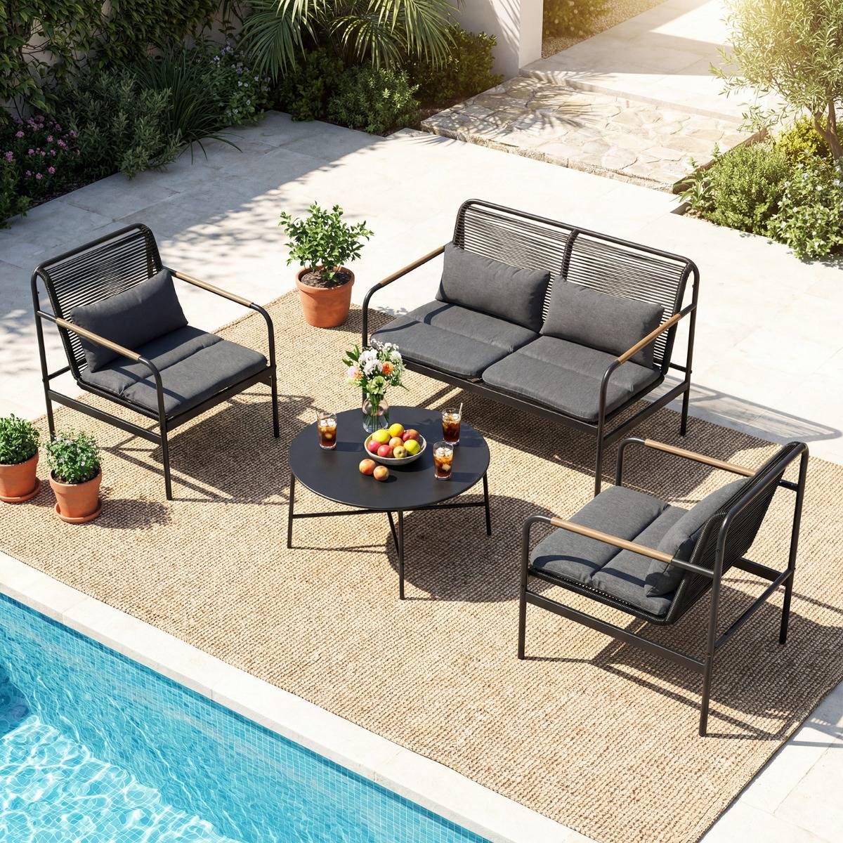 Salon de Jardin 4 Pièces Loveseat & 2 Fauteuils avec Table Basse Coussins Rotin PE Gris MAISON CHIC - Image 3