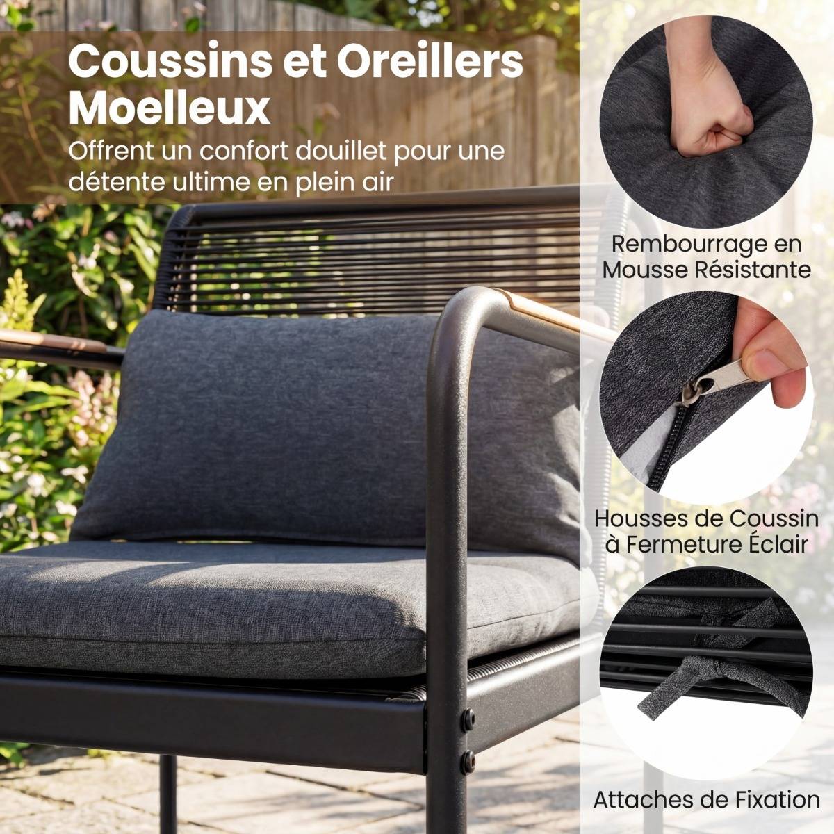 Salon de Jardin 4 Pièces Loveseat & 2 Fauteuils avec Table Basse Coussins Rotin PE Gris MAISON CHIC - Image 8