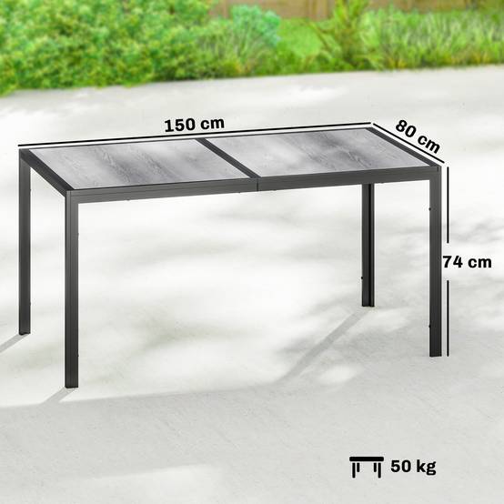 Table de jardin gris noir acier plastique PSPC 150x80x74 cm plateau imitation bois 4-6 places - Image 5