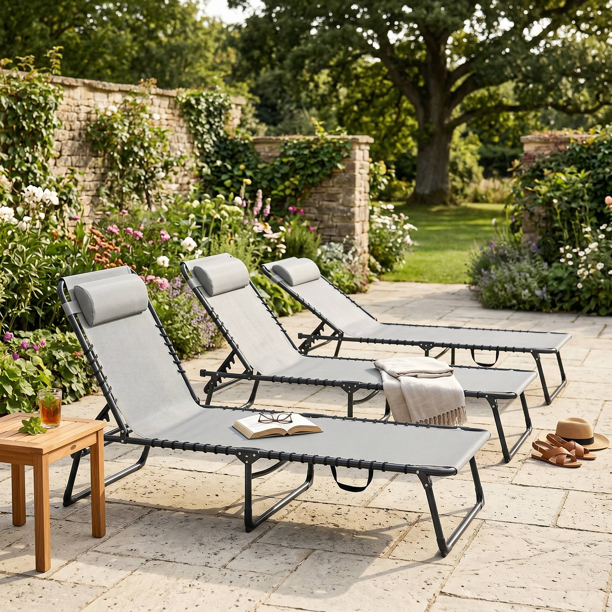 Lot de 2 bain de soleil transat pliable dossier inclinable - 189x58x30cm Acier Crème fr68 - Image 6