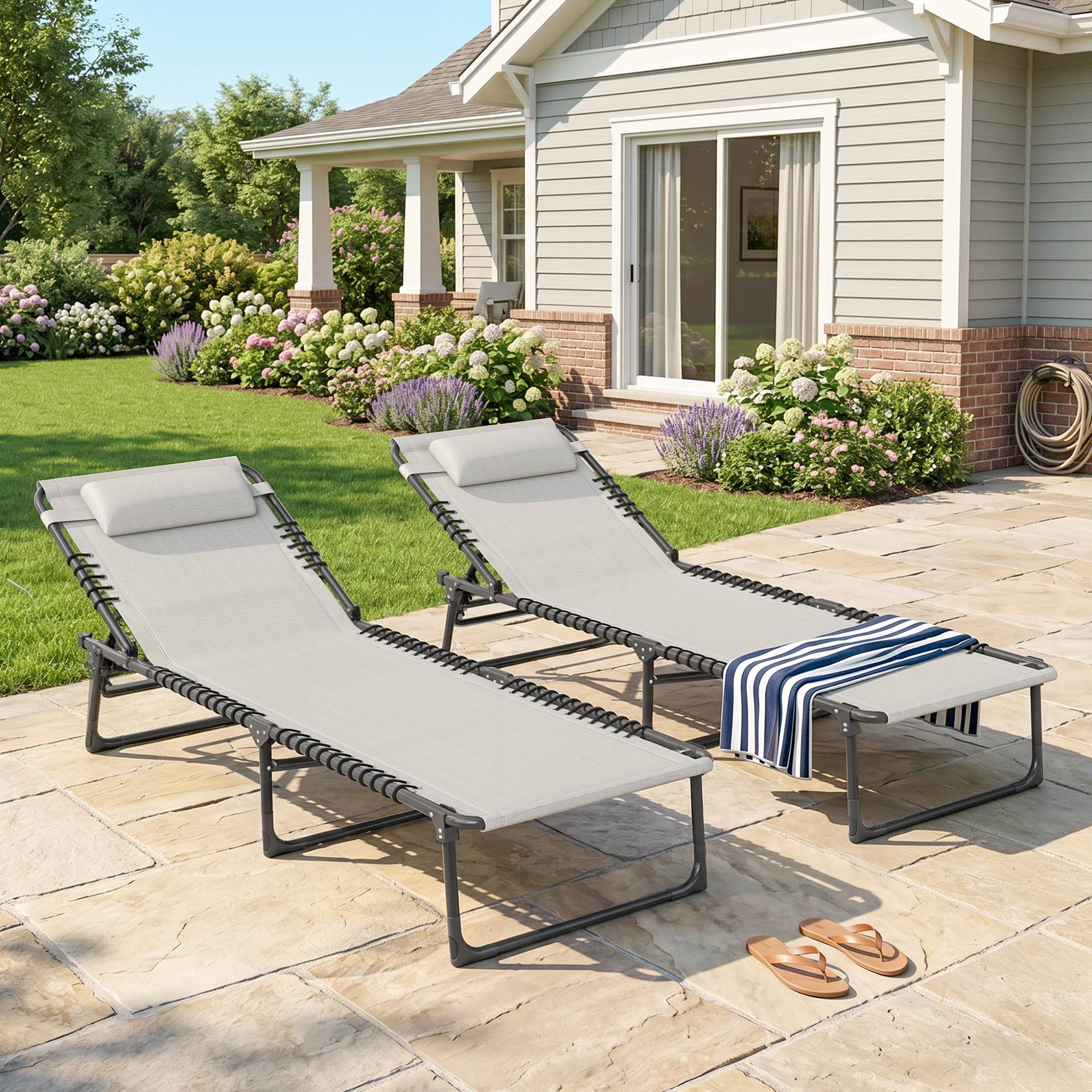 Lot de 2 bain de soleil transat pliable dossier inclinable - 189x58x30cm Acier Crème fr68 - Image 4