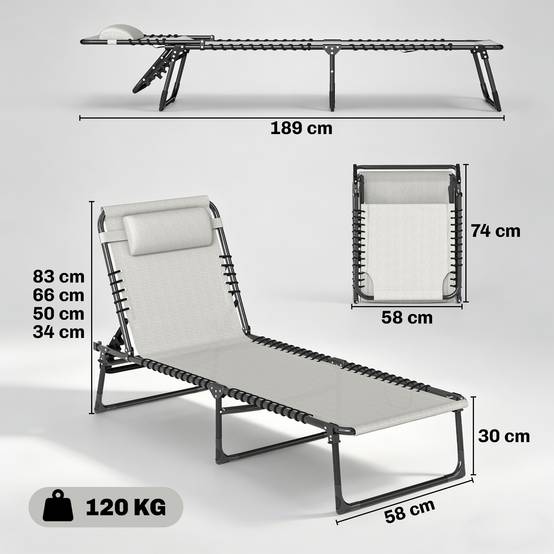 Lot de 2 bain de soleil transat pliable dossier inclinable - 189x58x30cm Acier Crème fr68 - Image 5