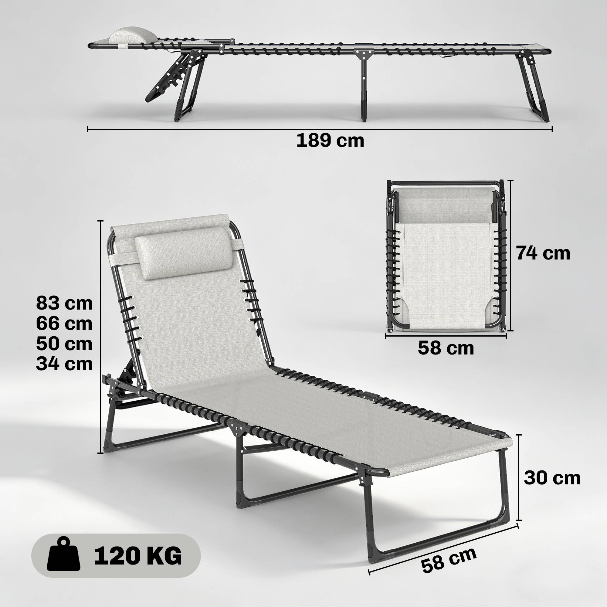 Lot de 2 bain de soleil transat pliable dossier inclinable - 189x58x30cm Acier Crème fr68 - Image 5