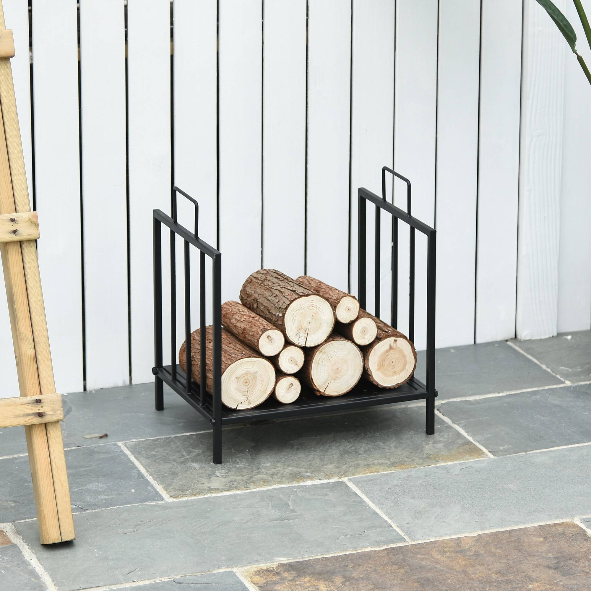 Support à bûches pour cheminée, charge maximale 25 kg, pour une utilisation intérieure et extérieure, avec 2 poignées,44,5 x 33 x 46,5 cm, noir. - Image 9