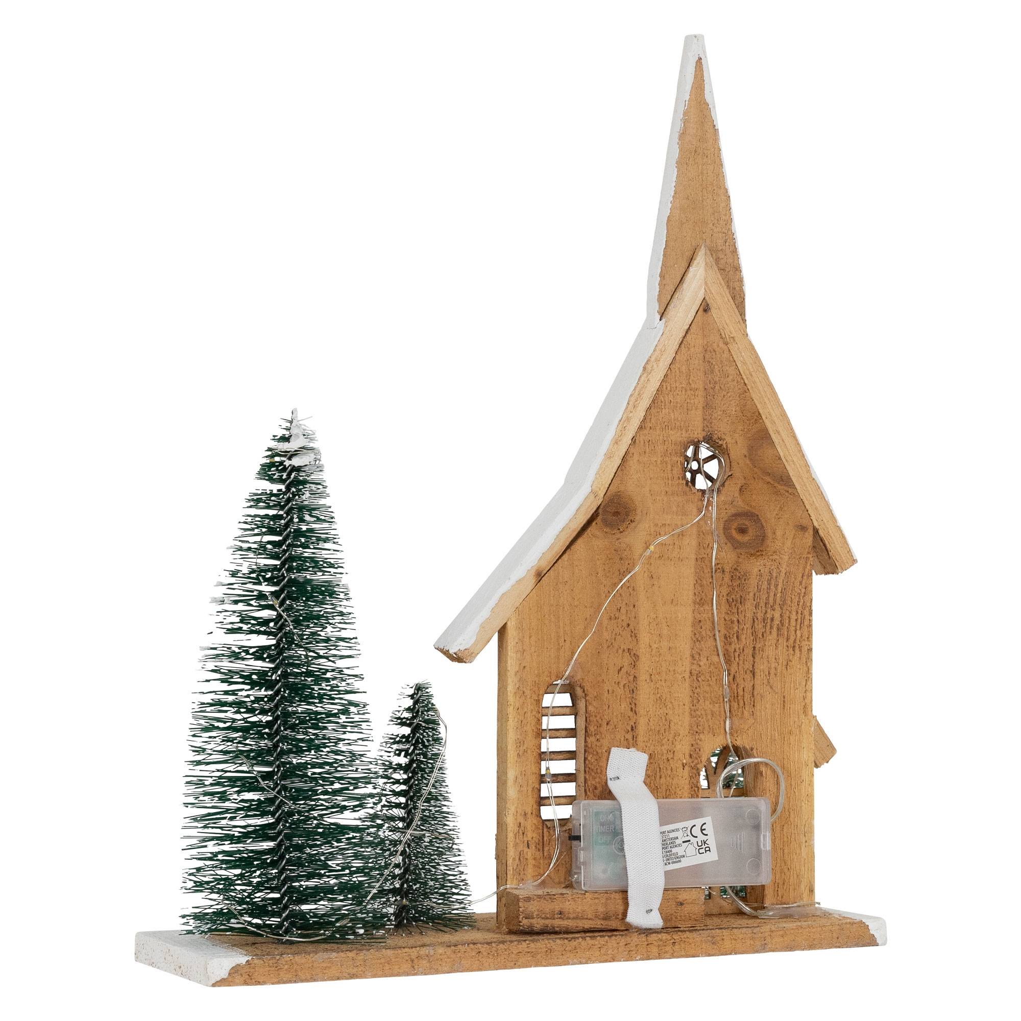 Ecd-Germany - Maison de Noël en bois LED 28x9x34 cm décoration d'hiver 3 sapins avec minuterie - Image 4