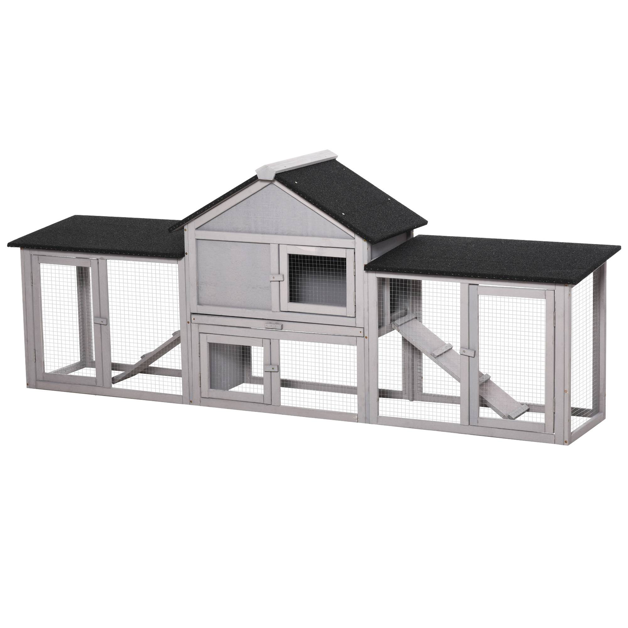 Cage petits animaux avec 2 enclos extérieurs, toit bitume, sapin, gris + noir - Image 2