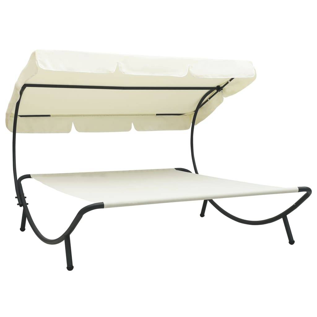 Helloshop26 - Lit de repos chaise longue transat d'extérieur 200 cm avec auvent blanc crème - Image 1