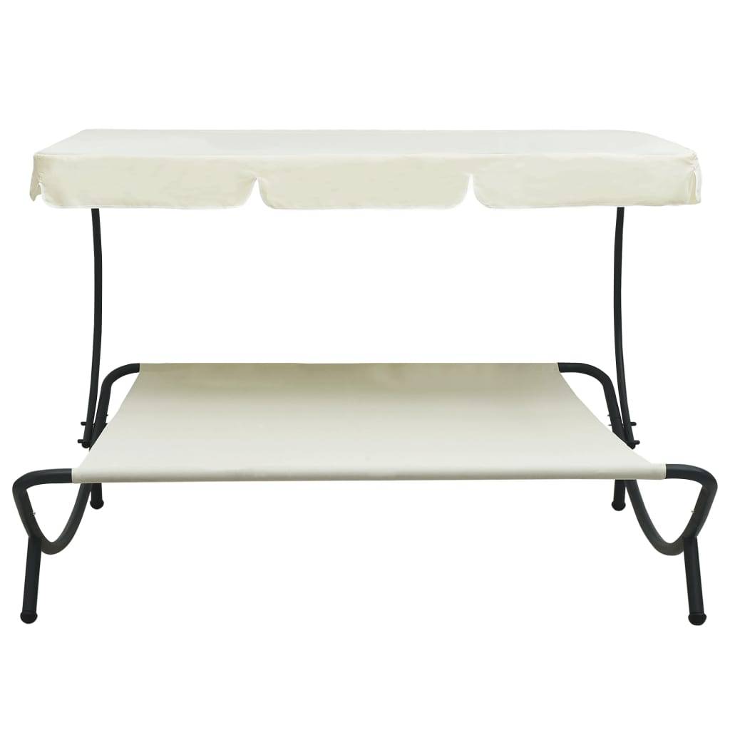 Helloshop26 - Lit de repos chaise longue transat d'extérieur 200 cm avec auvent blanc crème - Image 2