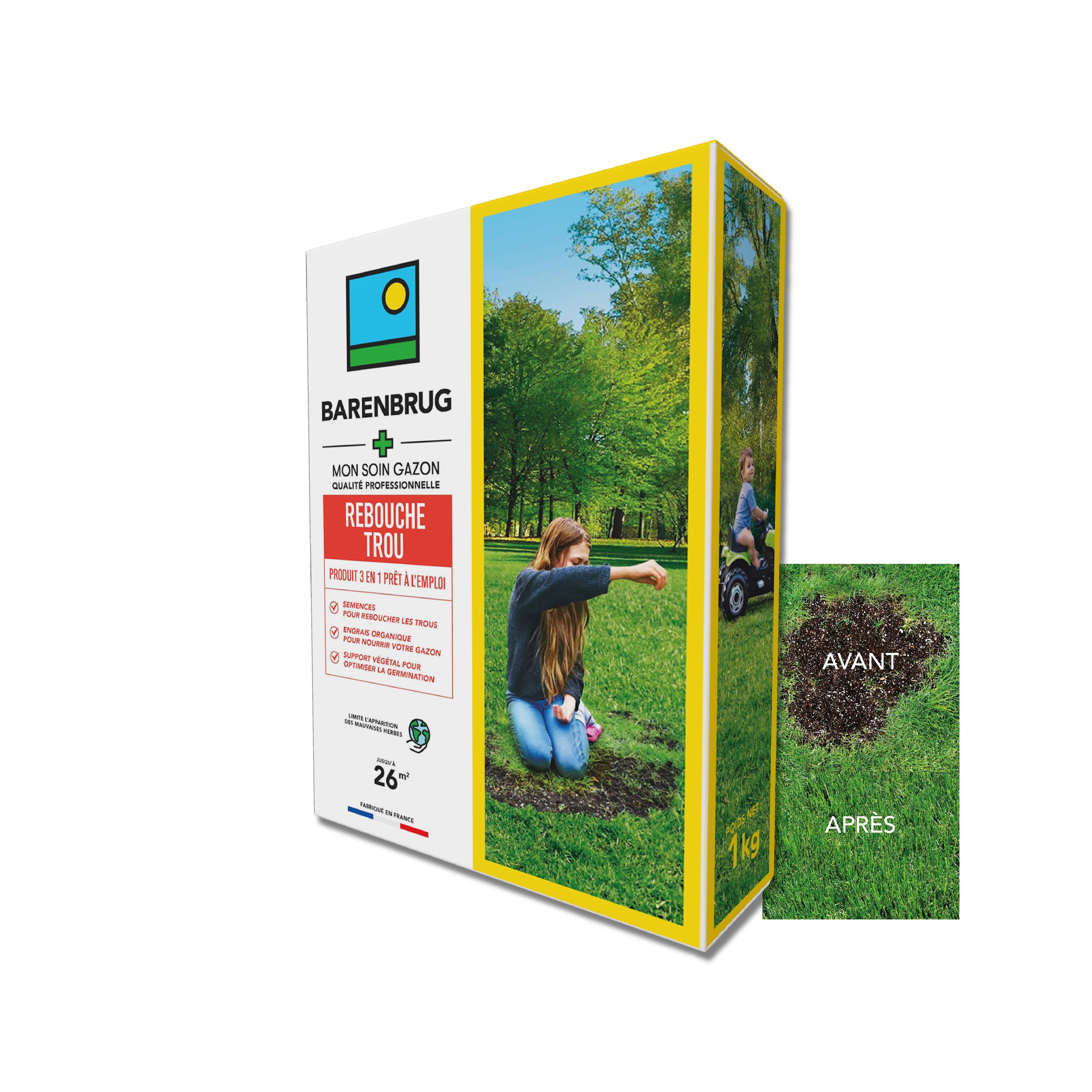 Soin Rebouche Trou - Solution 3-en-1 - Engrais Organique pour Nourrir Gazon - Support Végétal pour Optimiser Germination - 1KG - BARENBRUG - Image 1