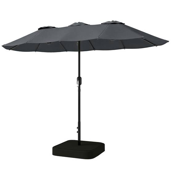 Parasol double à 12 baleines avec manivelle, base en croix et sacs, en métal et polyester, 3x1,5 m, gris foncé - Image 2