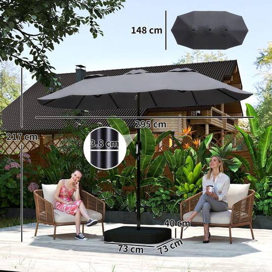 Parasol double à 12 baleines avec manivelle, base en croix et sacs, en métal et polyester, 3x1,5 m, gris foncé - Image 5