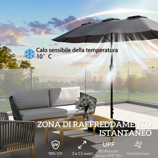 Parasol double à 12 baleines avec manivelle, base en croix et sacs, en métal et polyester, 3x1,5 m, gris foncé - Image 7