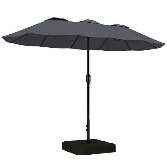 Parasol double à 12 baleines avec manivelle, base en croix et sacs, en métal et polyester, 3x1,5 m, gris foncé - Image 1