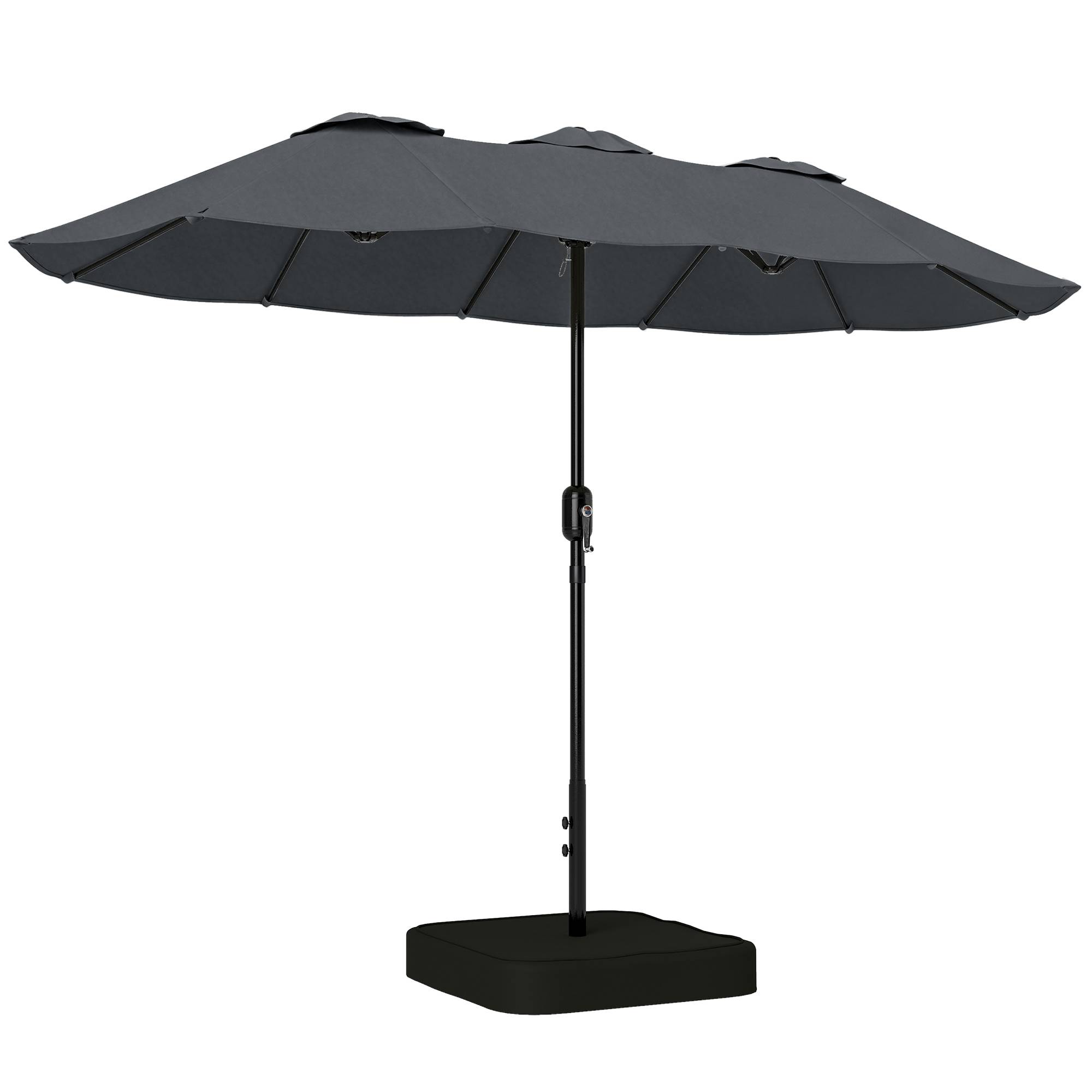 Parasol double à 12 baleines avec manivelle, base en croix et sacs, en métal et polyester, 3x1,5 m, gris foncé - Image 1