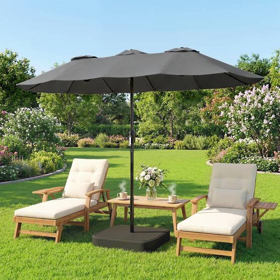 Parasol double à 12 baleines avec manivelle, base en croix et sacs, en métal et polyester, 3x1,5 m, gris foncé - Image 4