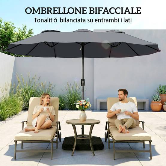 Parasol double à 12 baleines avec manivelle, base en croix et sacs, en métal et polyester, 3x1,5 m, gris foncé - Image 8